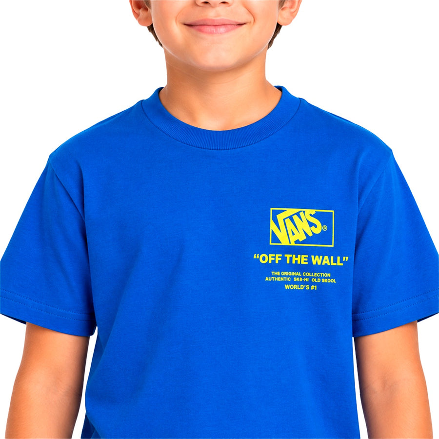 Camiseta Vans Stacked Infantil — Amarelo sobre azul, e a diferença aparece